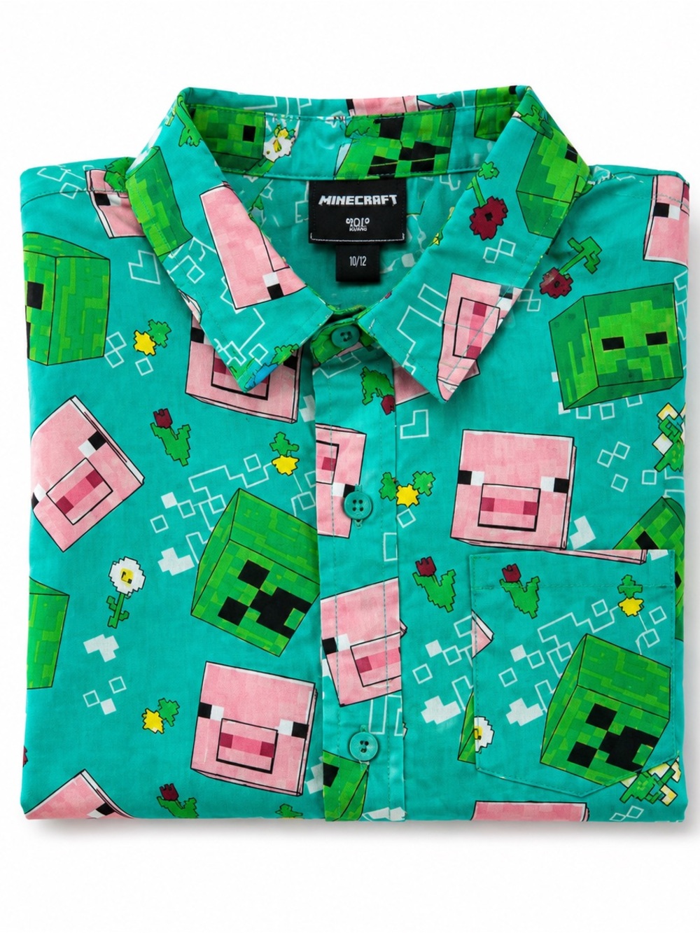 Minecraft Creeper & Pig Button-Up Dress Shirt Boys XL 14/16